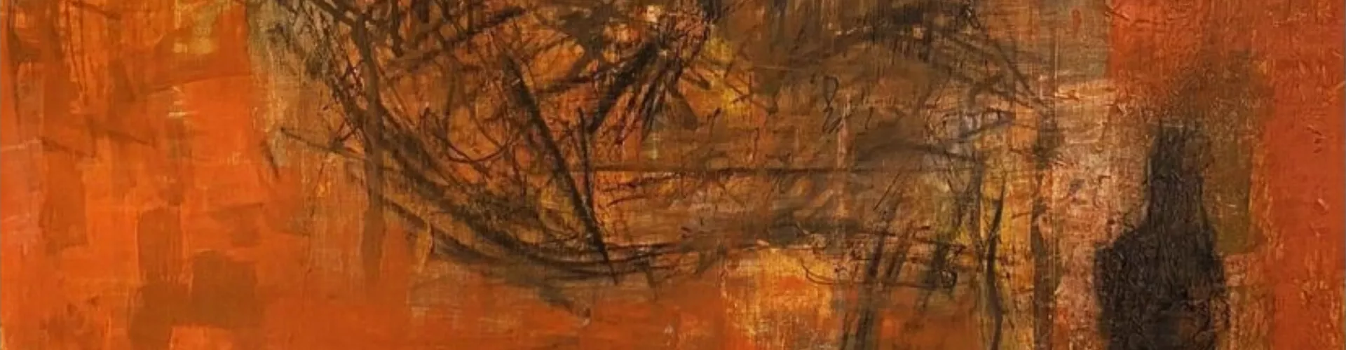 Tableau de l'artiste Anna kammermann, repésentant des traits brossés de couleur brunes foncées et noires qui s'entrelacent sur un fond orangé