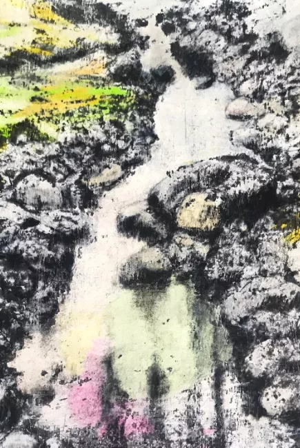 Daniel Galasso, Entre deux rives, 2024, Pastels gras + vernis noir sur papier, 30 x 30, crédit photographique Daniel Galasso