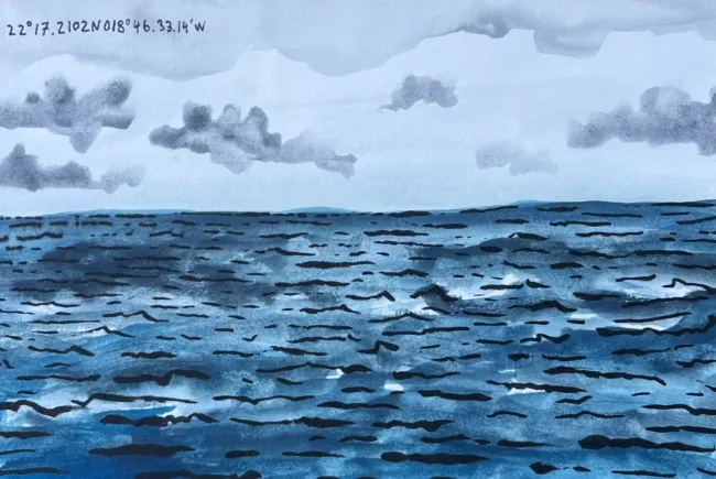 Tina Schwzigebel-Wang, Série "Mission Sea Shepherd", 22°17.2102N018°46.33.14'W, encre de chine et aquarelles, 2026